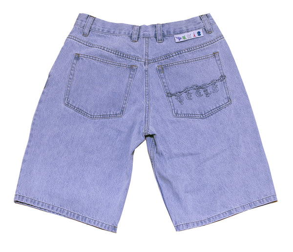 Light Wash Chain Embroidered Denim Shorts
